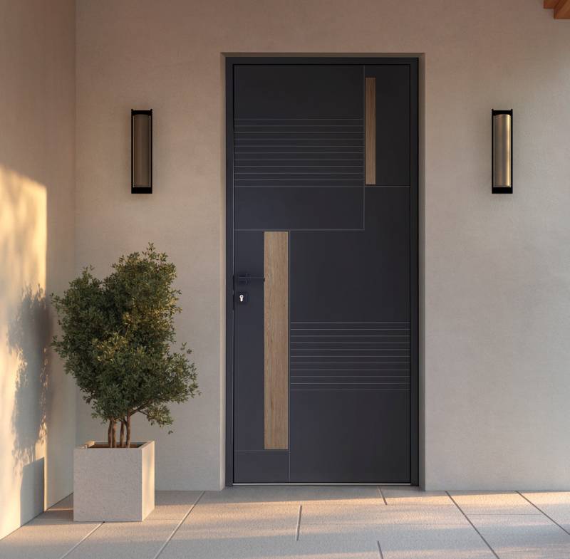 Porte K•LINE pleine avec décor bois, design contemporain et haute isolation thermique